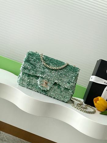 Bagsaaa Chanel small flap bag in green and white sequins with gold-tone metal - 21cm