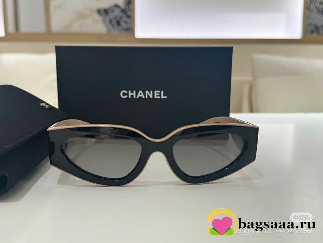 Bagsaaa Chanel Cat Eye Sunglasses Black & Beige - Lenses: Light Grey - 1