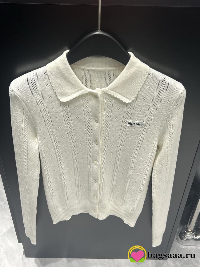 Bagsaaa Miu Miu openwork knit cashmere cardigan in white - 1