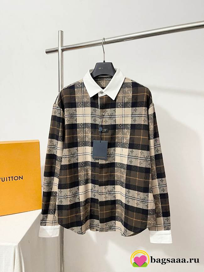 Bagsaaa LV Monogram Flannel Long-Sleeved Polo Shirt Caramel - 1