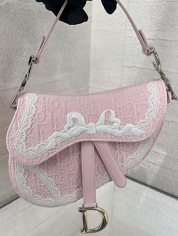 Bagsaaa Dior Small Saddle Bag with Strap Rose Soupir Dior Oblique Embroidery and White Lace - 20cm