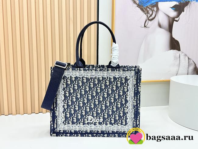 Bagsaaa New Collection 2026 Medium Dior Book Tote with Strap Blue Dior Oblique & White Lace 36cm - 1