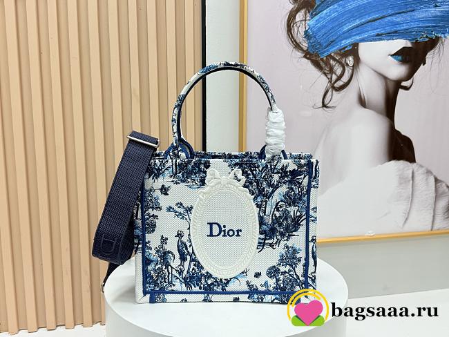 Bagsaaa New Collection 2026 Small Dior Book Tote with Strap Blue Floral Garden Embroidery 26.5 cm - 1