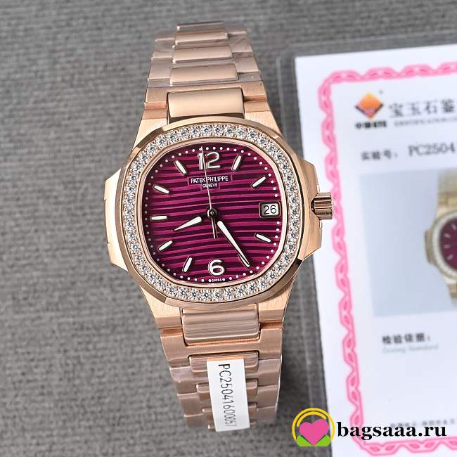 Bagsaaa Patek Philippe Nautilus watch in rose gold with a purple dial and diamond-set 32mm - 1
