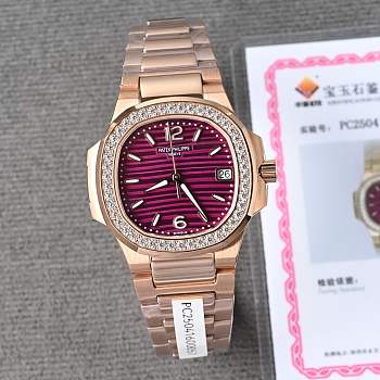 Bagsaaa Patek Philippe Nautilus watch in rose gold with a purple dial and diamond-set 32mm