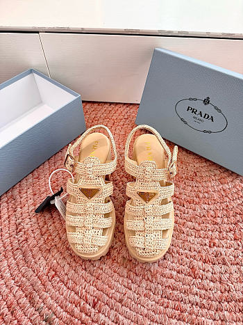 Bagsaaa Prada Women's Monolith Crochet Cage Sandals beige