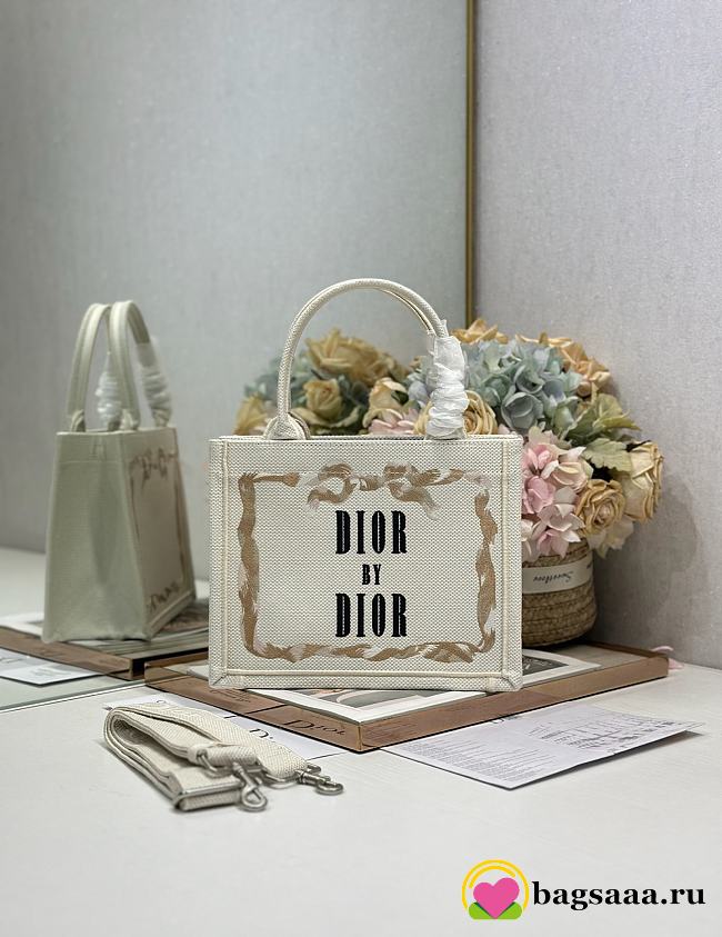 Bagsaaa Small Dior Book Tote with Strap Beige, Pink and Black Book Cover Embroidery - 26.5cm - 1