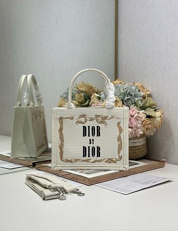 Bagsaaa Small Dior Book Tote with Strap Beige, Pink and Black Book Cover Embroidery - 26.5cm