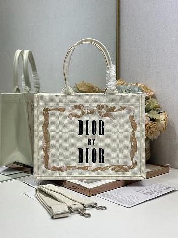 Bagsaaa Medium Dior Book Tote with Strap Beige, Pink and Black Book Cover Embroidery - 36cm