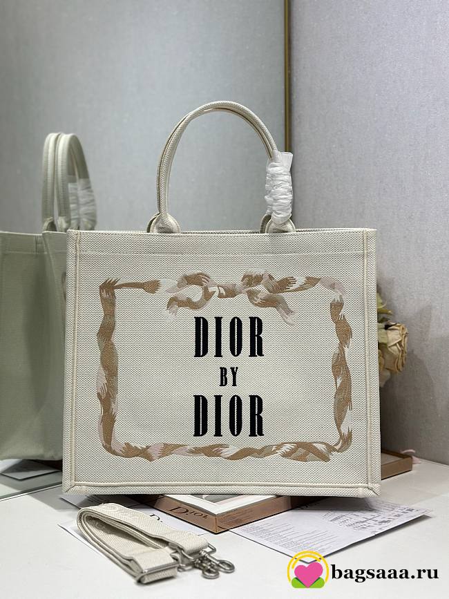 Bagsaaa Large Dior Book Tote Beige, Pink and Black Book Cover Embroidery - 42cm - 1