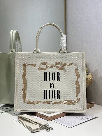 Bagsaaa Large Dior Book Tote Beige, Pink and Black Book Cover Embroidery - 42cm