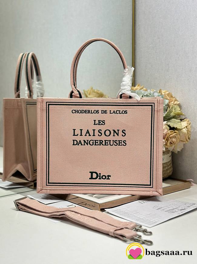 Bagsaaa Medium Dior Book Tote with Strap Pink and Green Book Cover Embroidery - 36cm - 1