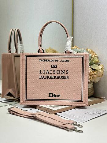 Bagsaaa Medium Dior Book Tote with Strap Pink and Green Book Cover Embroidery - 36cm