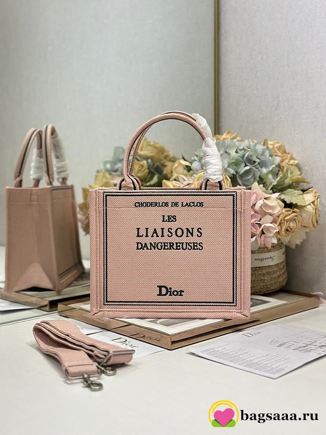 Bagsaaa Small Dior Book Tote with Strap  Pink and Green Book Cover Embroidery - 26.5cm - 1