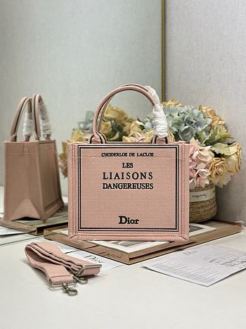 Bagsaaa Small Dior Book Tote with Strap  Pink and Green Book Cover Embroidery - 26.5cm