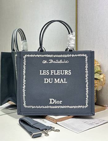 Bagsaaa Large Dior Book Tote Blue and White Book Cover Embroidery - 42 cm