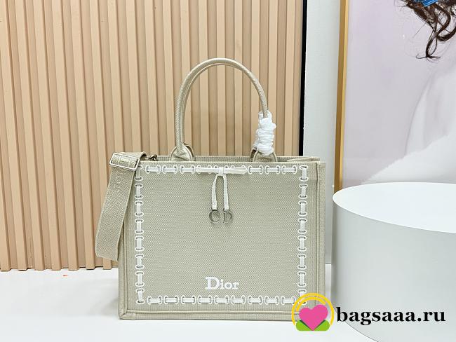 Bagsaaa Medium Dior Book Tote with Strap Beige Embroidery and White Woven Grosgrain Ribbon - 36cm - 1