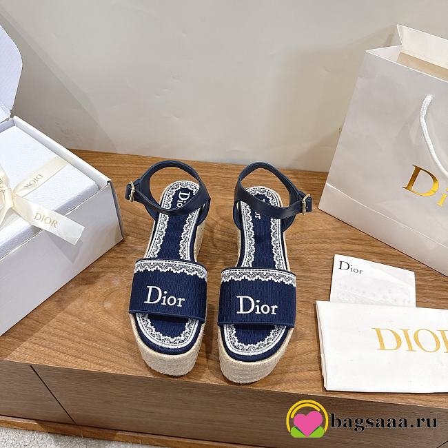 Bagsaaa Dior Dentelle Wedge Sandal Navy Dior Oblique Embroidered and White Lace 8cm - 1