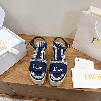 Bagsaaa Dior Dentelle Wedge Sandal Navy Dior Oblique Embroidered and White Lace 8cm