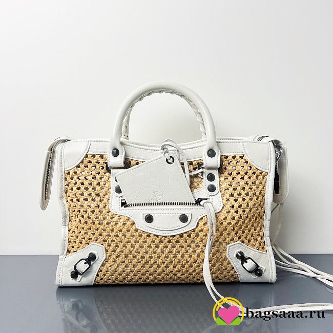Bagsaaa Balenciaga Le City Bag Small in natural beige raffia effect fabric and white - 30cm - 1