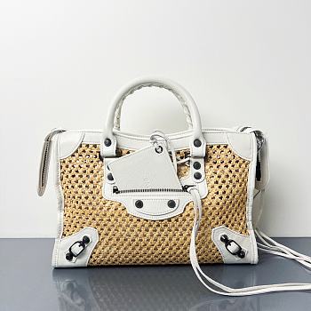 Bagsaaa Balenciaga Le City Bag Small in natural beige raffia effect fabric and white - 30cm