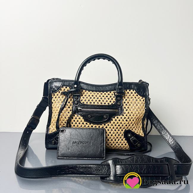 Bagsaaa Balenciaga Le City Bag Small in natural beige raffia effect fabric and black - 30cm - 1