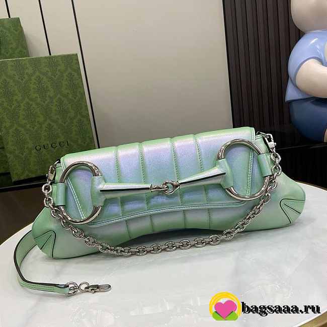 Bagsaaa Gucci Horsebit Chain Medium Shoulder Bag Green iridescent quilted leather - 38 x 15 x 16 cm - 1
