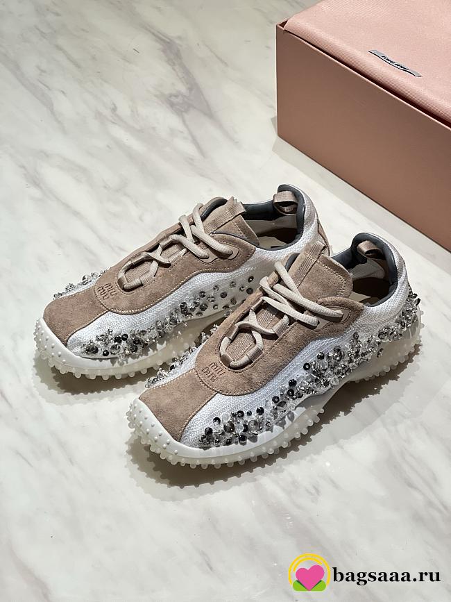 Bagsaaa Miu Miu Bubble embroidered technical fabric and suede sneakers - 1