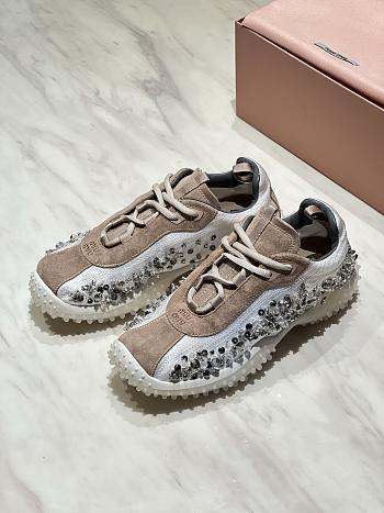 Bagsaaa Miu Miu Bubble embroidered technical fabric and suede sneakers
