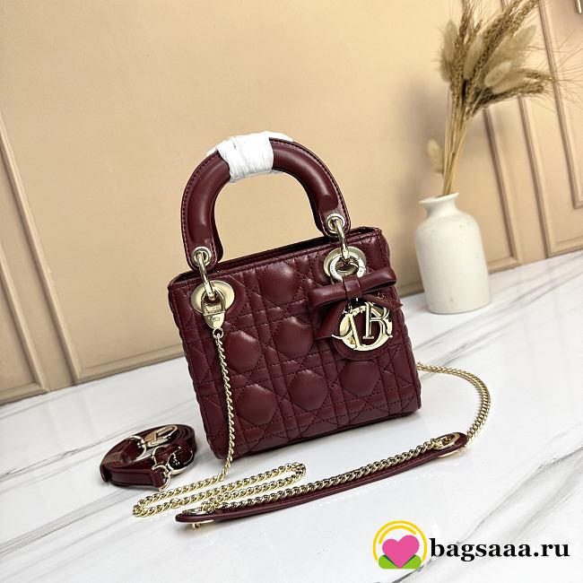 Bagsaa Mini Lady Dior Bag with Chain Red Cannage Lambskin - 17cm - 1