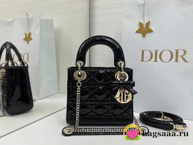 Bagsaaa Mini Lady Dior Bag Black Patent Cannage Calfskin with bow - 17cm - 1
