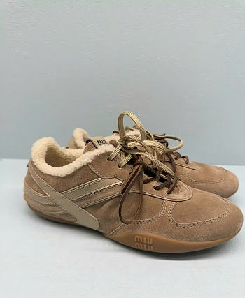Bagsaaa Miu Miu Gymnasium suede and shearling sneakers beige