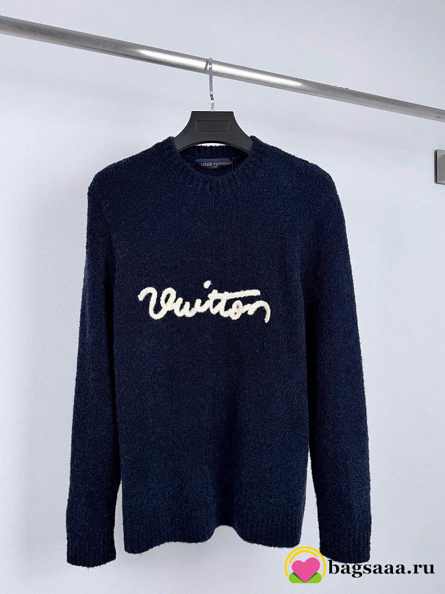 Bagsaaa LV Embroidered Signature Long-Sleeved Crewneck Navy - 1