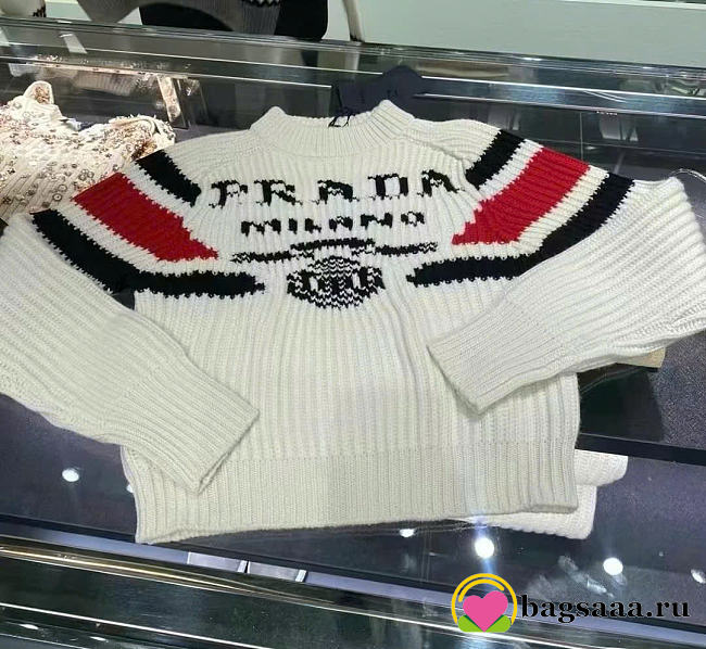Bagsaaa Prada Logo Striped Cashmere Sweater white - 1