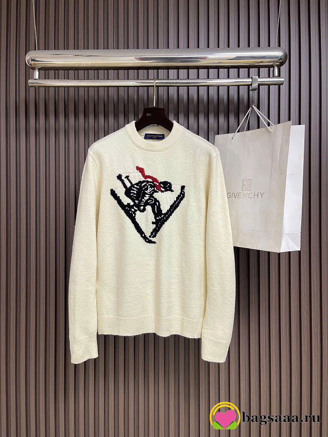 Bagsaaa LV Ski Intarsia Signature Long-Sleeved Pullover Milky white - 1