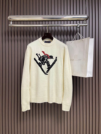 Bagsaaa LV Ski Intarsia Signature Long-Sleeved Pullover Milky white
